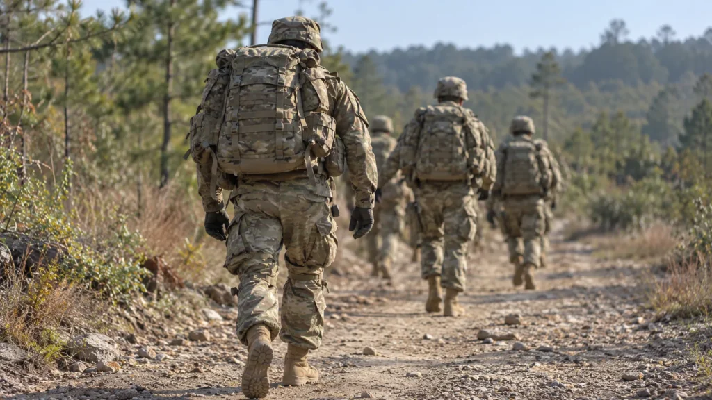 Soldier in ACUs carrying a rucksack on a dirt trail seen from behind