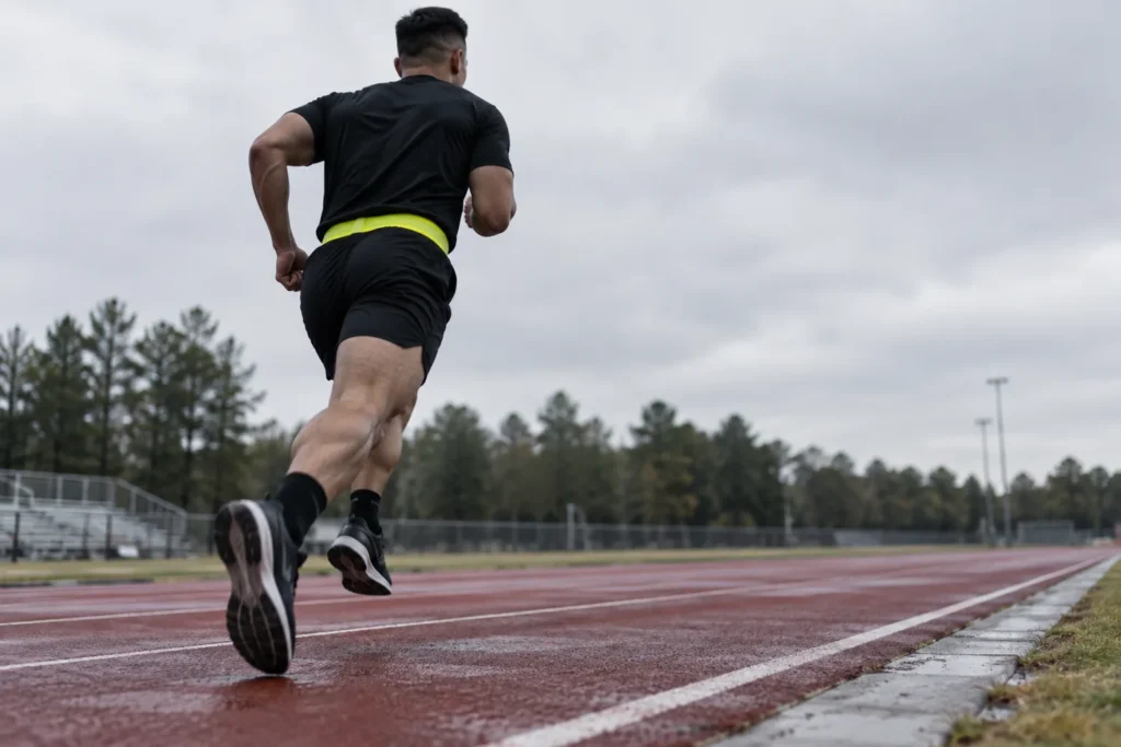 Soldier in a fitness uniform running hard on an outdoor track lane