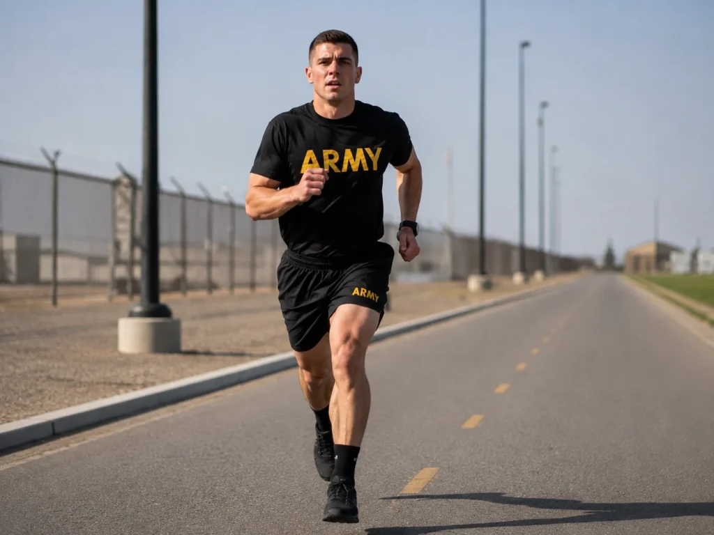 Soldier in Army PT gear running the 2-mile run (2MR) during the AFT
