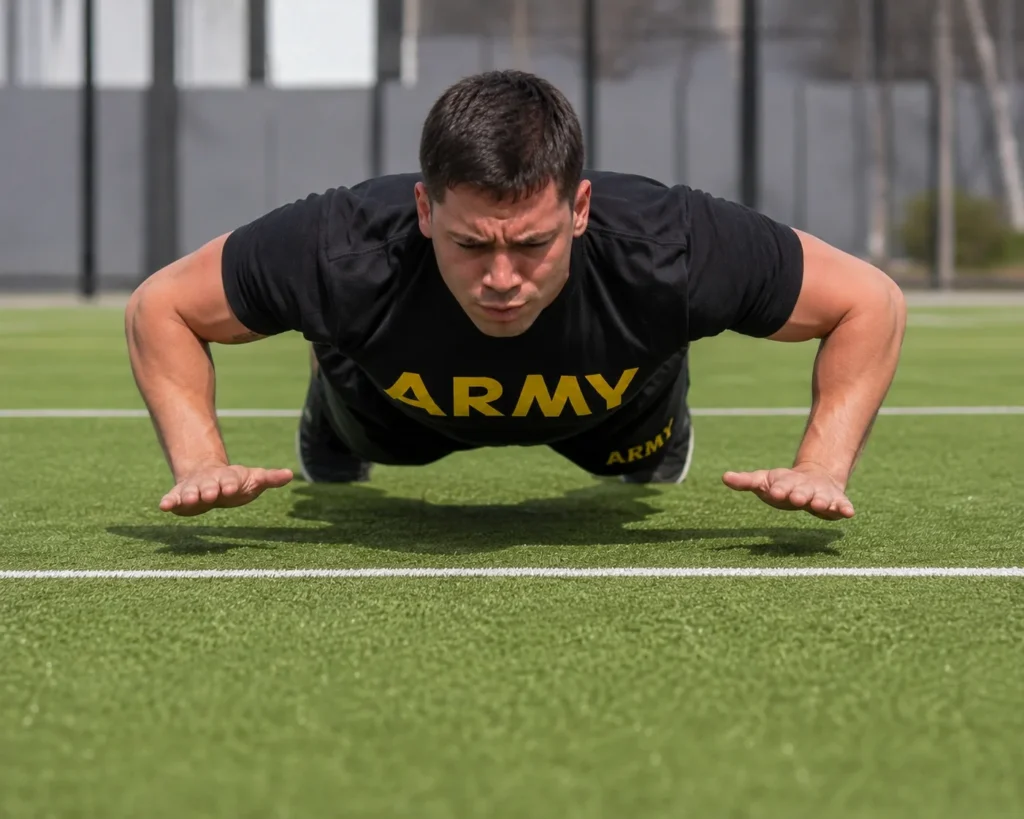Soldier in Army PT gear performing a hand-release push-up (HRP) during the AFT
