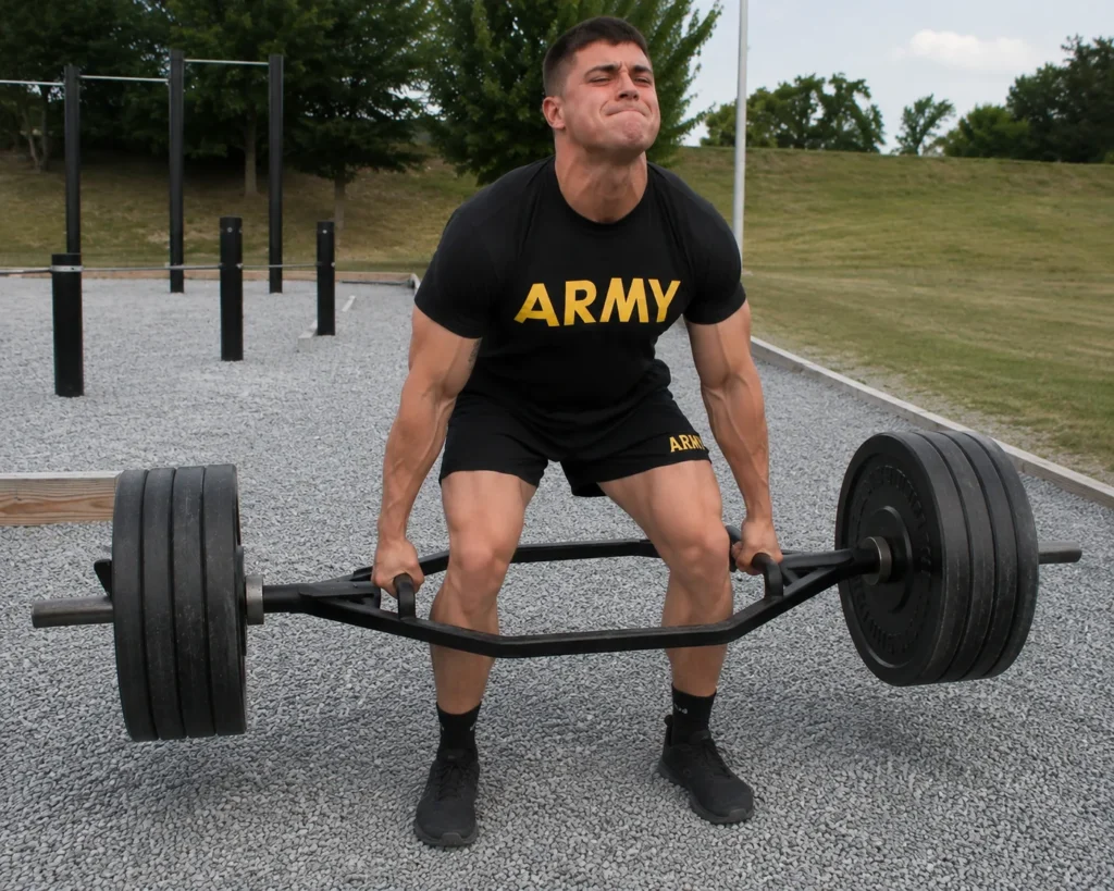 Soldier in Army PT gear performing the 3-rep max deadlift (MDL) during the AFT