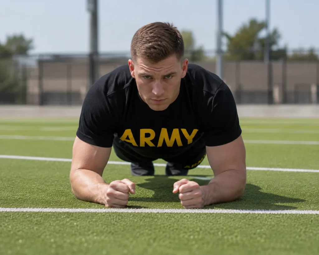 Soldier in Army PT gear holding the plank (PLK) event during the AFT