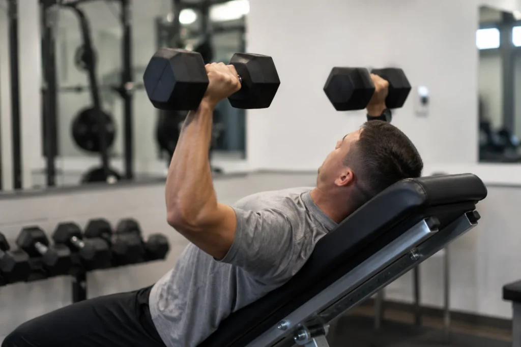 Soldier performing a dumbbell incline press as accessory work for push-up strength