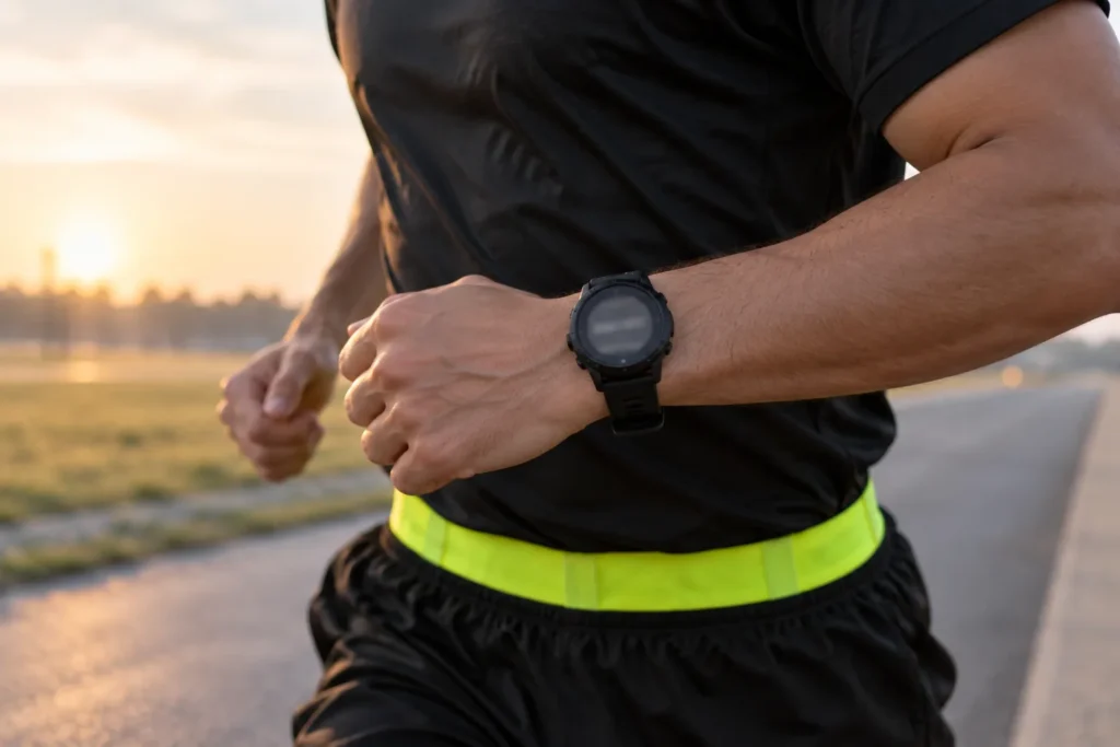 Close-up of a runner's wrist wearing a sports watch during a morning run