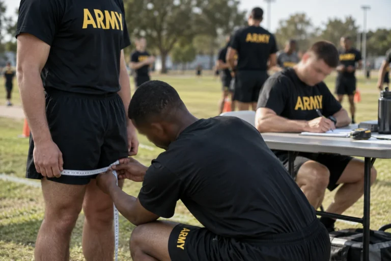 Soldiers at an outdoor body composition screening station