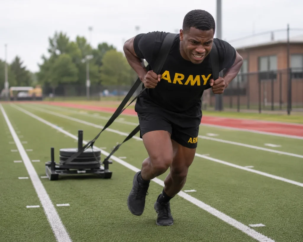 Soldier in Army PT gear performing the sled drag portion of the sprint-drag-carry (SDC) during the AFT