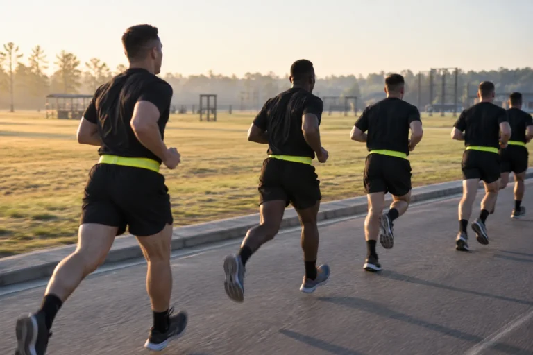 Soldiers in physical fitness uniforms running on a flat paved road at sunrise