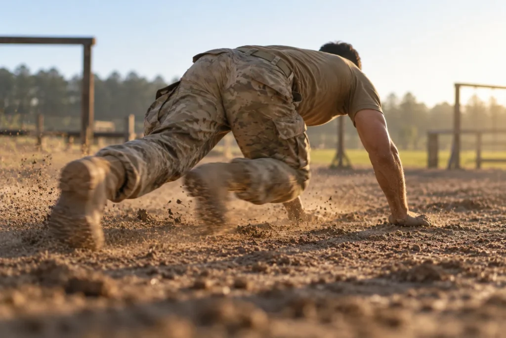 Soldier performing a high crawl low to the ground during a timed field fitness test