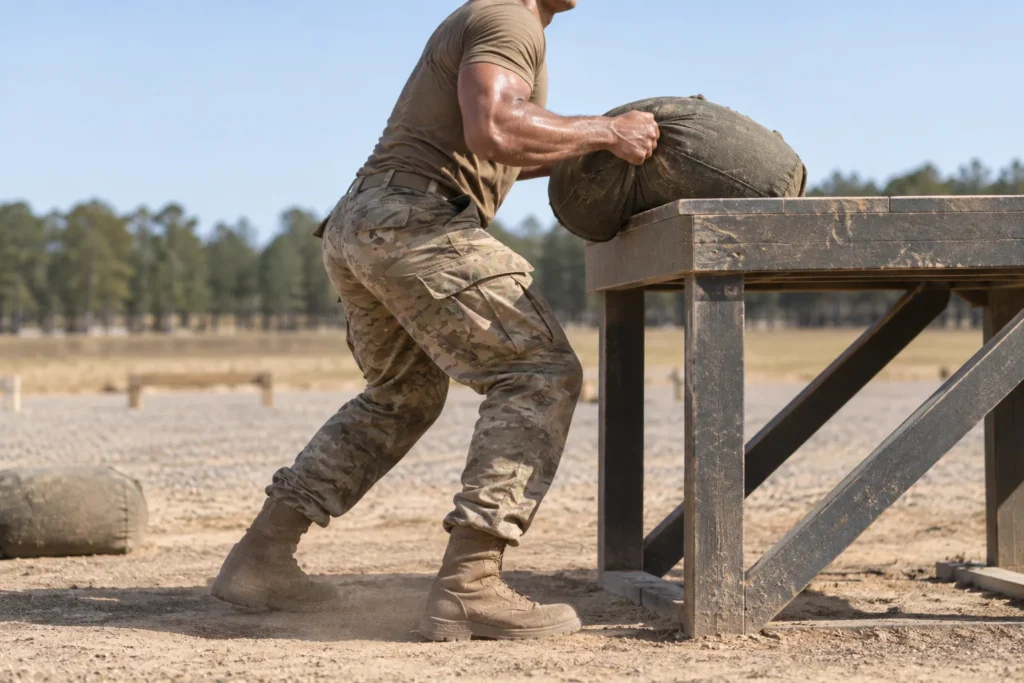 Soldier lifting a heavy sandbag onto a raised platform during a field fitness test