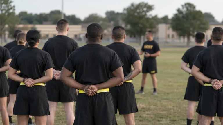 Soldiers in physical training uniform standing in formation on a parade field, viewed from behind