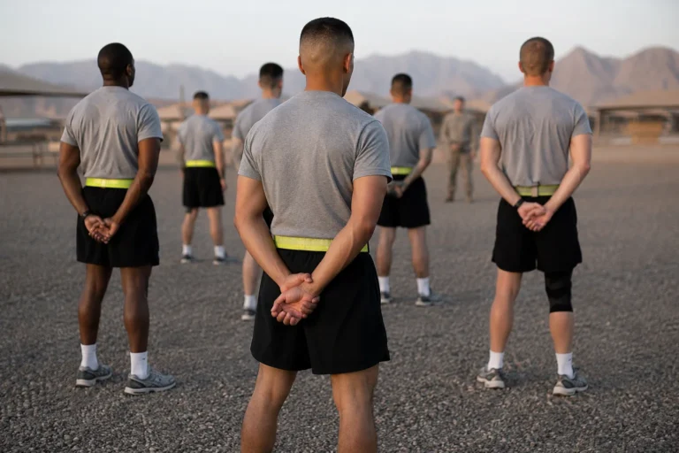 Soldiers in PT uniform standing in formation on a gravel field at sunrise before a fitness test