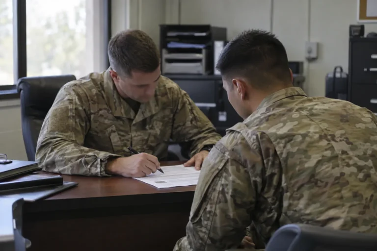 Two soldiers reviewing paperwork at a desk in a unit administrative office