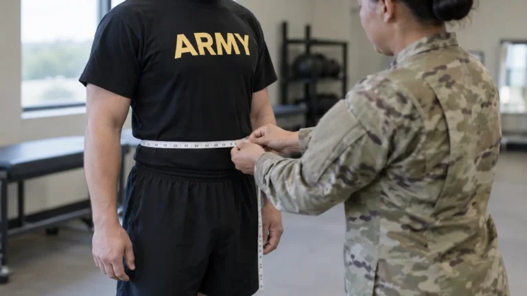 Soldier in APFU being measured at the waist with a cloth tape by a second soldier