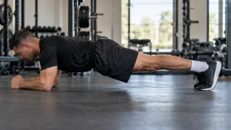Soldier in APFU holding a forearm plank with elbows under shoulders on a gym floor