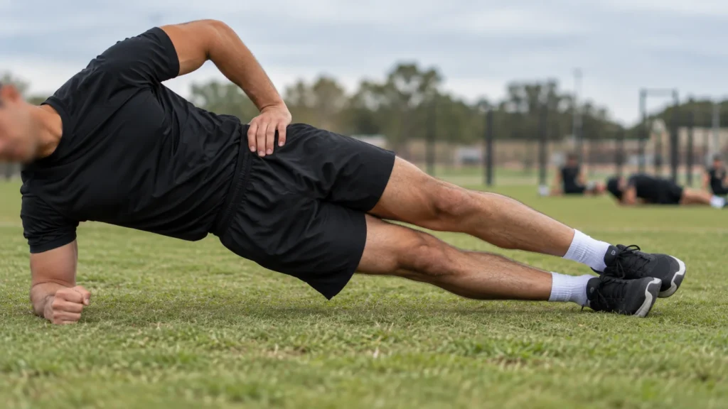 Soldier performing a side bridge on a grass PT field with hips lifted in line