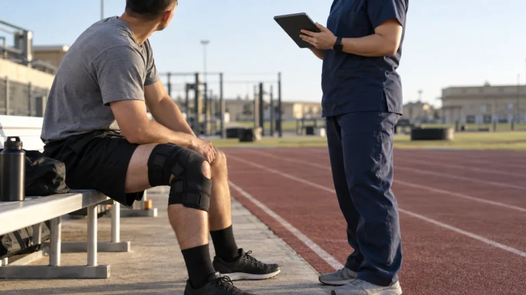 Soldier in a knee brace sitting on a track bench beside a medical provider holding a tablet