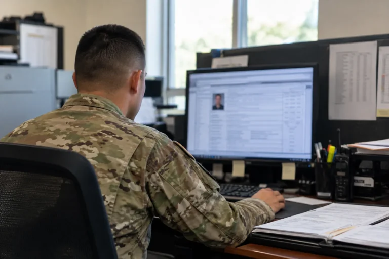 Soldier in ACU reviewing a personnel record on a monitor at a unit administrative desk