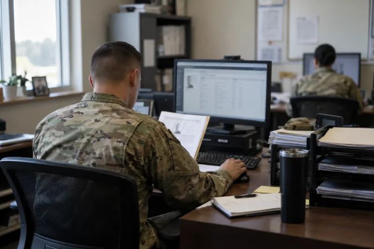 Soldier in ACU reviewing a personnel record on a monitor at a unit administrative desk