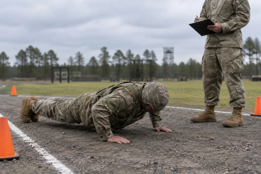 Soldier performing push-ups in ACUs while a grader observes the lane