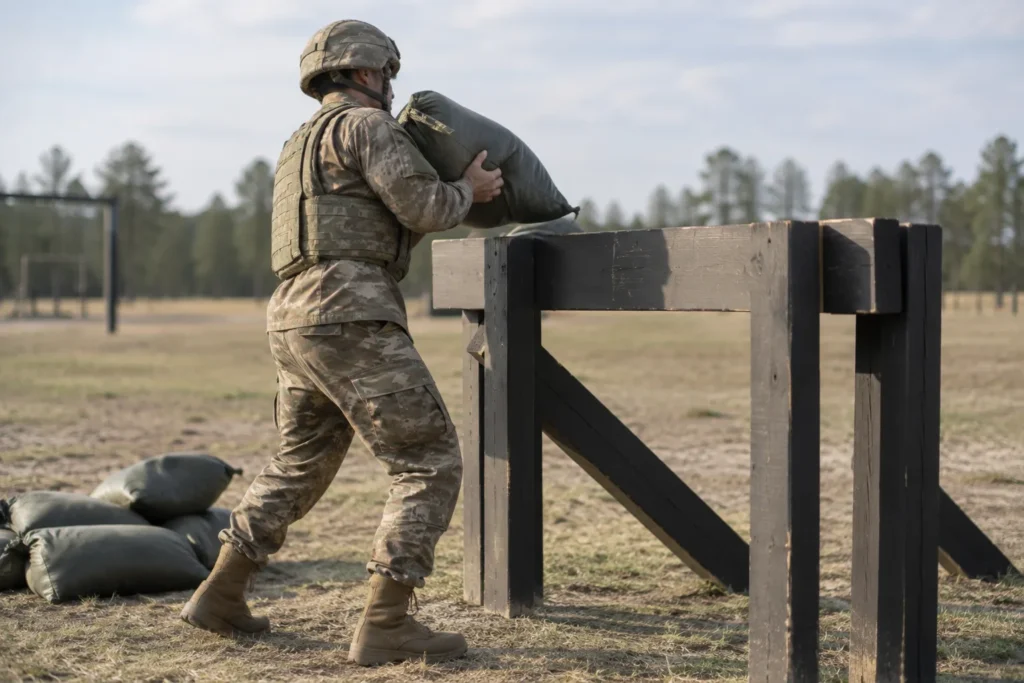 Soldier in ACUs lifting a sandbag toward a raised platform during the CFT