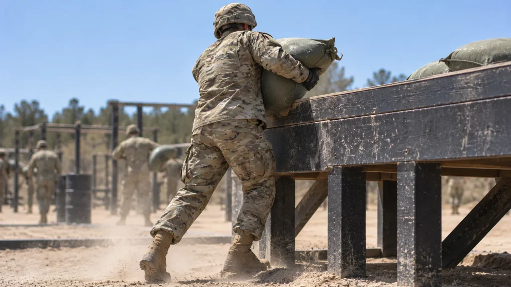 Soldier in ACUs lifting a sandbag onto a raised platform outdoors