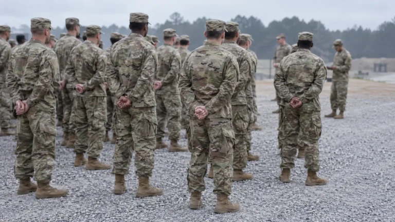 Soldiers in ACUs and boots standing in formation on a gravel training area