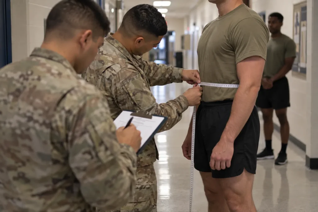 Two soldiers with a clipboard and tape preparing a second measurement in a unit hallway