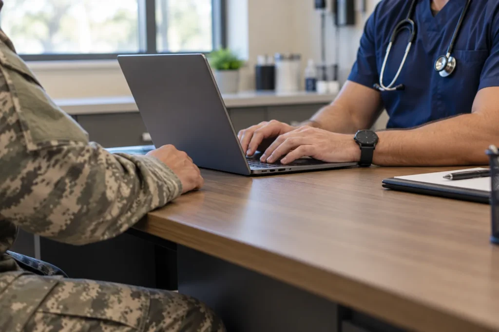 Provider's hands typing on a laptop at a clinic desk beside a soldier's uniform sleeve