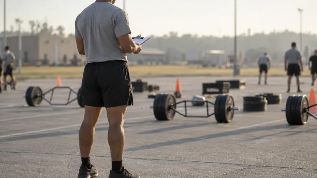 Soldier in APFU holding a clipboard at an outdoor Army fitness test site at sunrise.