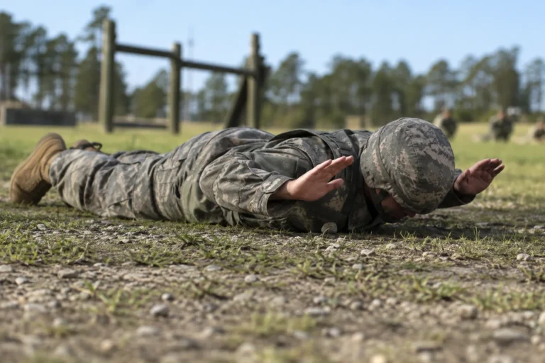 Soldier in ACUs at the bottom of a dead-stop push-up with both hands off the ground