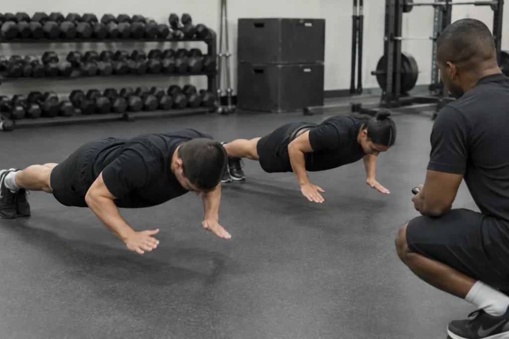 Soldiers running an informal practice fitness session in a unit gym with one counting repetitions