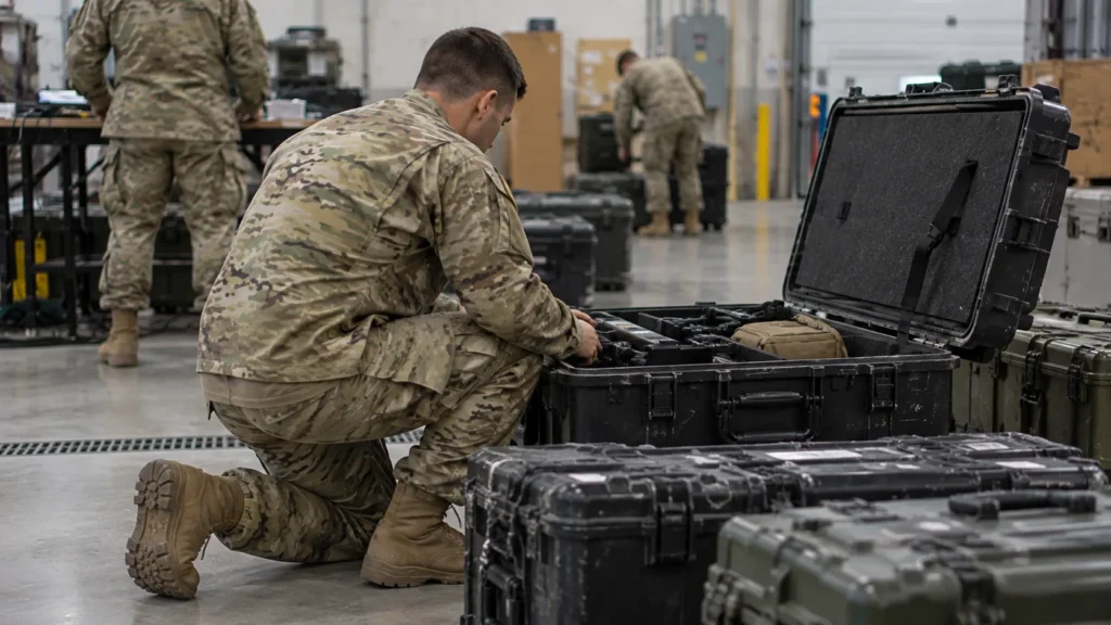 Soldier kneeling beside heavy equipment cases on a training bay floor