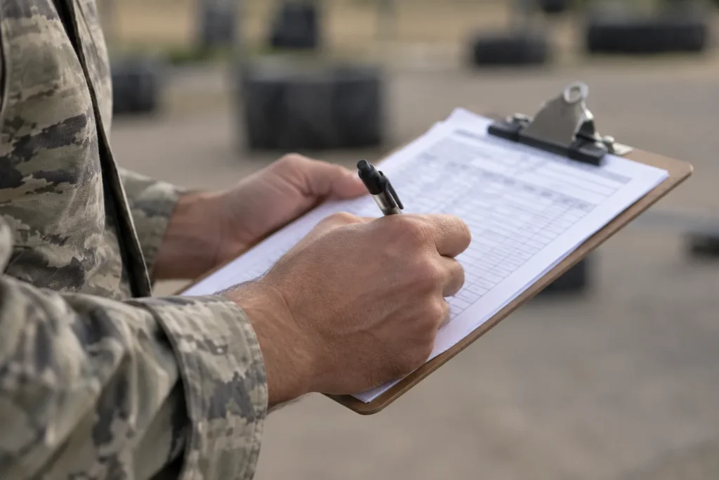 Close-up of a soldier's hands writing on a paper scorecard attached to a clipboard.