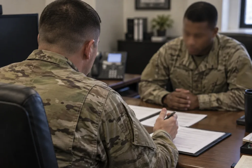 NCO counseling a soldier across a desk during an administrative session