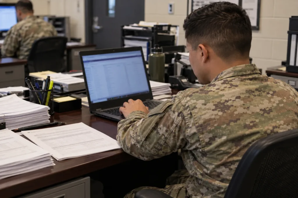 Soldier at an orderly room desk working through personnel paperwork on a laptop