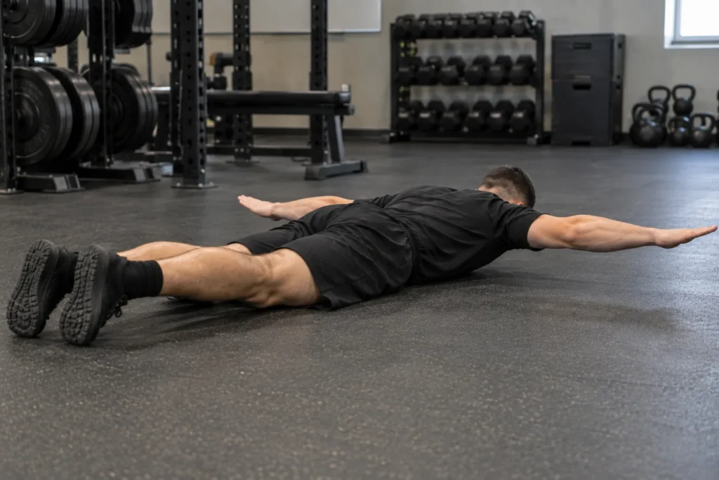 Soldier prone with arms extended into the T position during a hand-release push-up