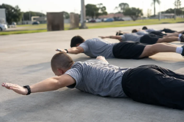 Soldiers in the prone T position at the bottom of a hand release push up on an outdoor PT pad