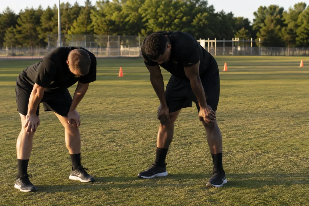 Two soldiers recovering between sprint intervals on a grass training field.
