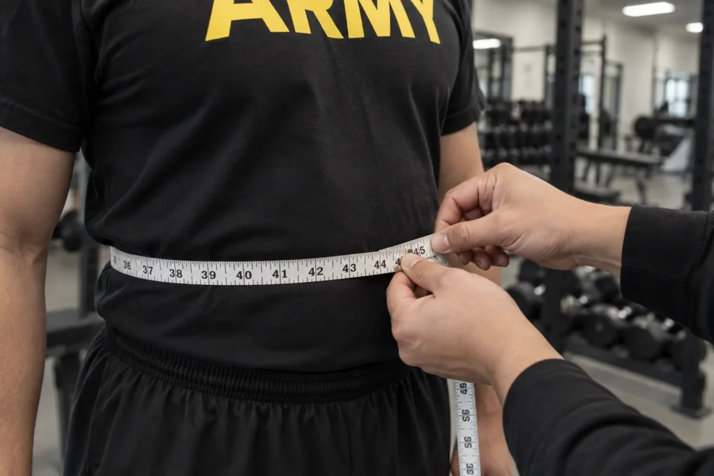 Close crop of hands holding a measuring tape level at a soldier's waist over APFU