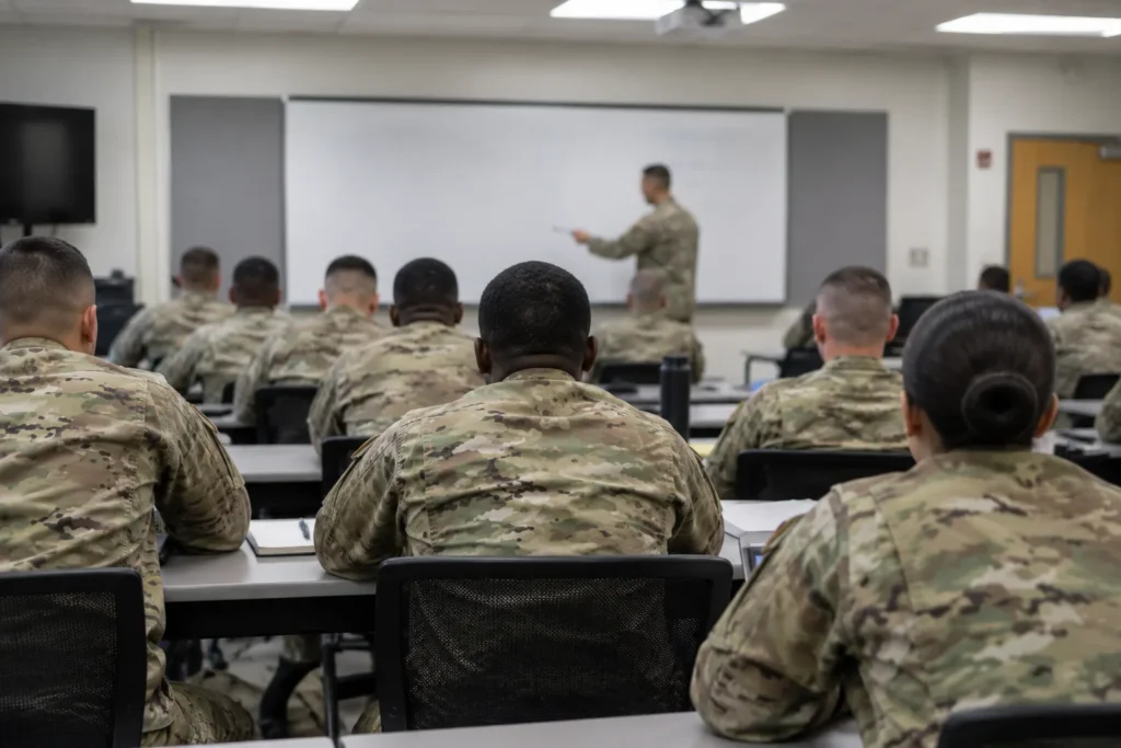 Soldiers seated in an Army classroom during instruction