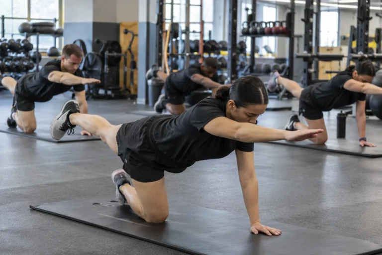 Soldiers performing low-impact modified exercise on mats in an installation fitness facility