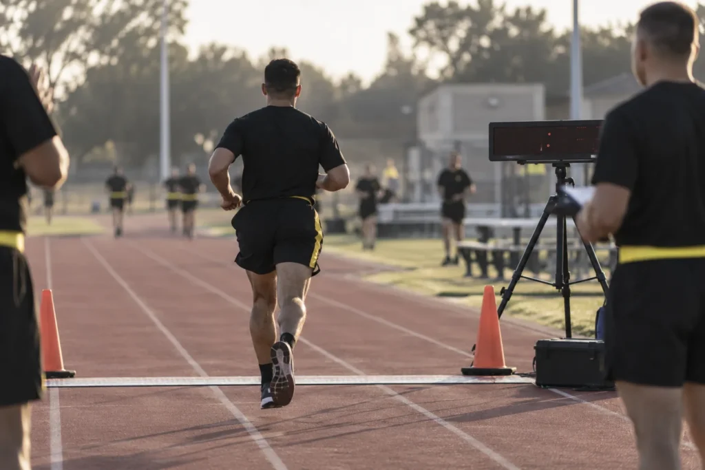 Soldier finishing a two-mile run on an outdoor track at morning light