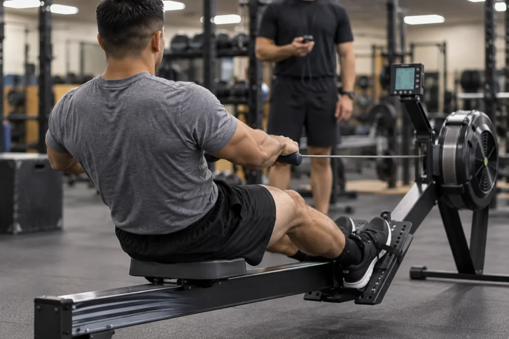 Soldier training on an indoor rowing machine while a timer holds a stopwatch in the background