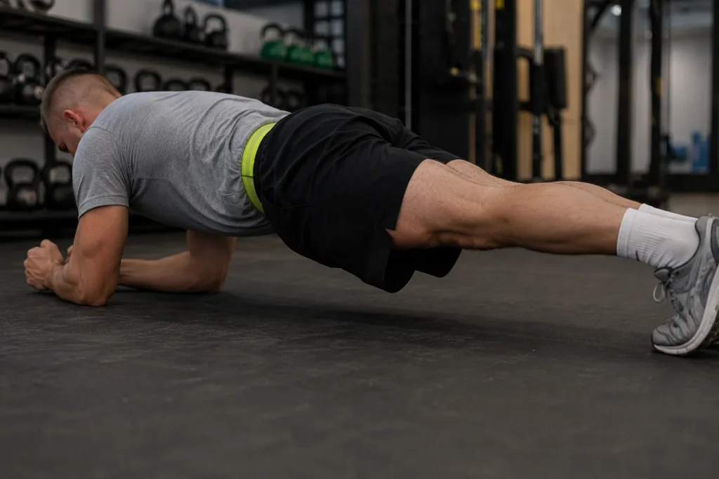 Soldier holding a forearm plank on a gym mat during fitness test practice