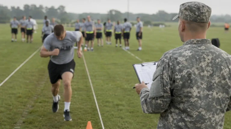 Army grader with clipboard recording fitness test results beside a marked testing lane