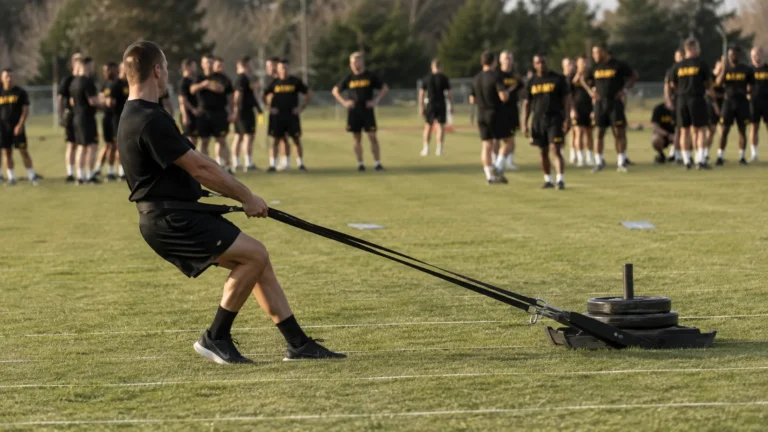Soldier in APFU dragging a weighted sled backward across a marked grass lane.