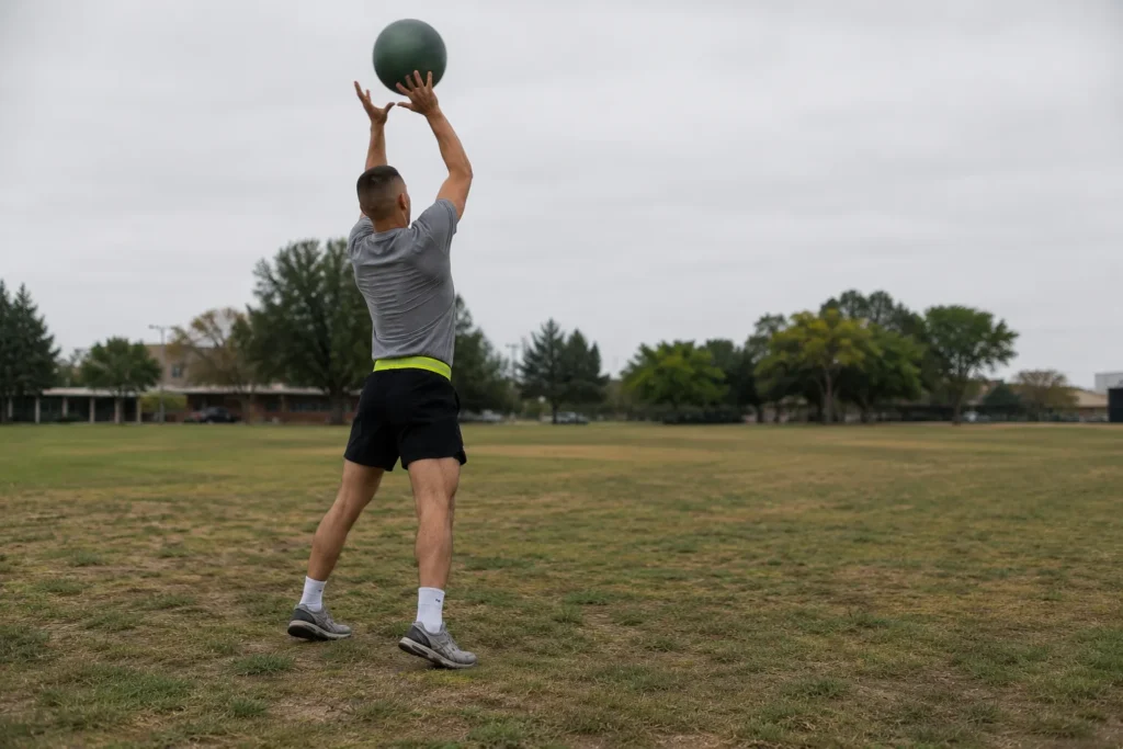 Soldier throwing a medicine ball backward overhead on a grass field
