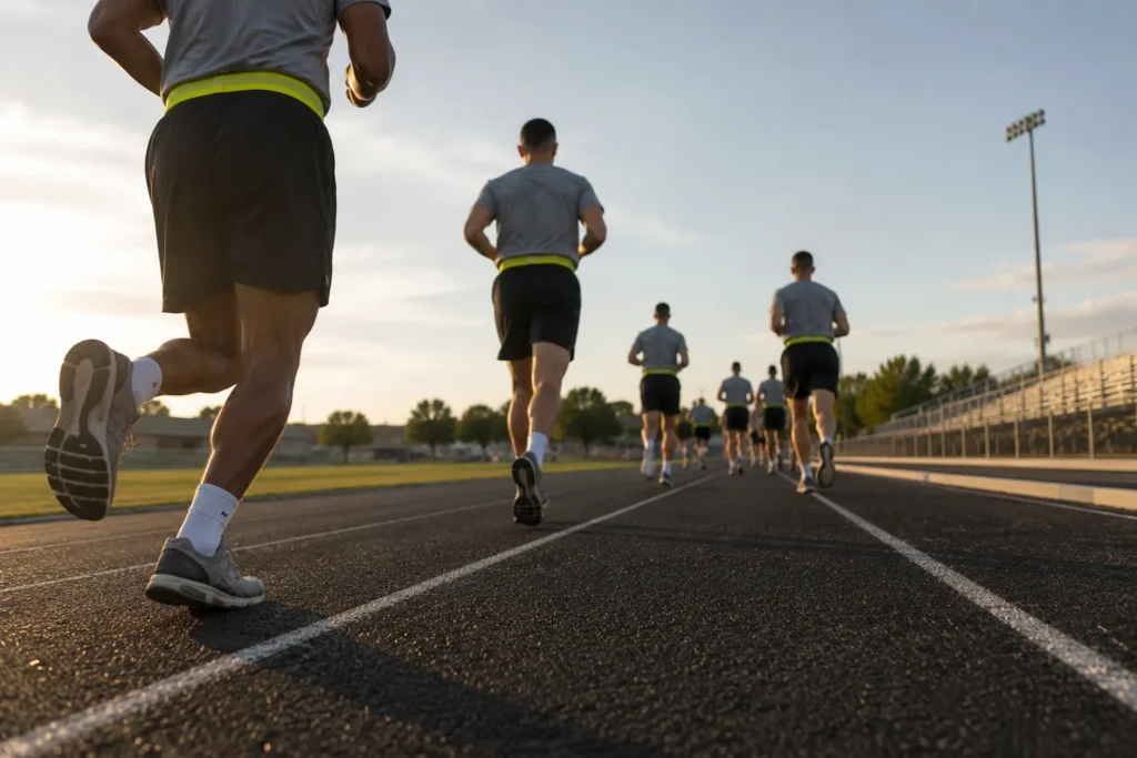 Soldiers running on an outdoor track during the two-mile run event