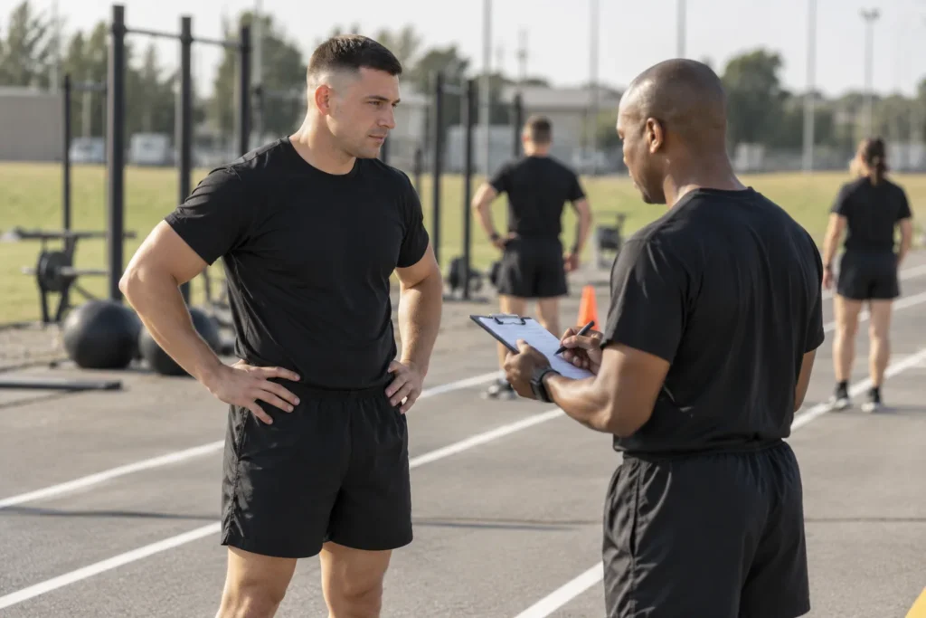Soldier speaking with a grader holding a clipboard at an outdoor fitness test lane