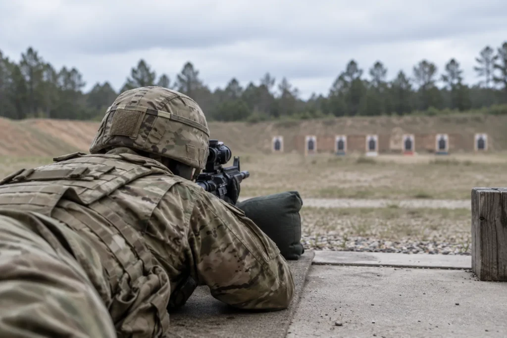 Soldier prone at a firing position on an Army qualification range